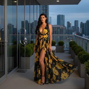 New Yellow Black Floral Double Slit Ruffle Cut out Open Back Lace Up Maxi Dress